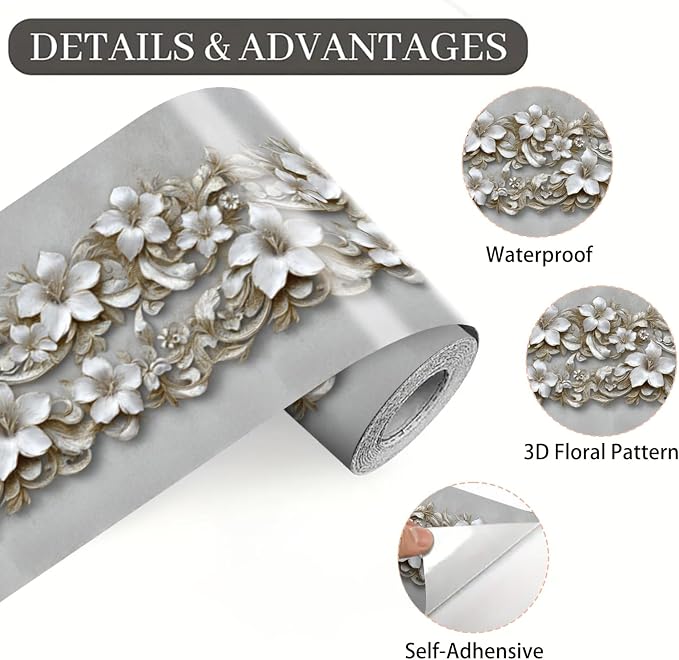 Beige Floral Wallpaper Border 196x4 Inch Peel and Stick Wall Border Removable - Image 9