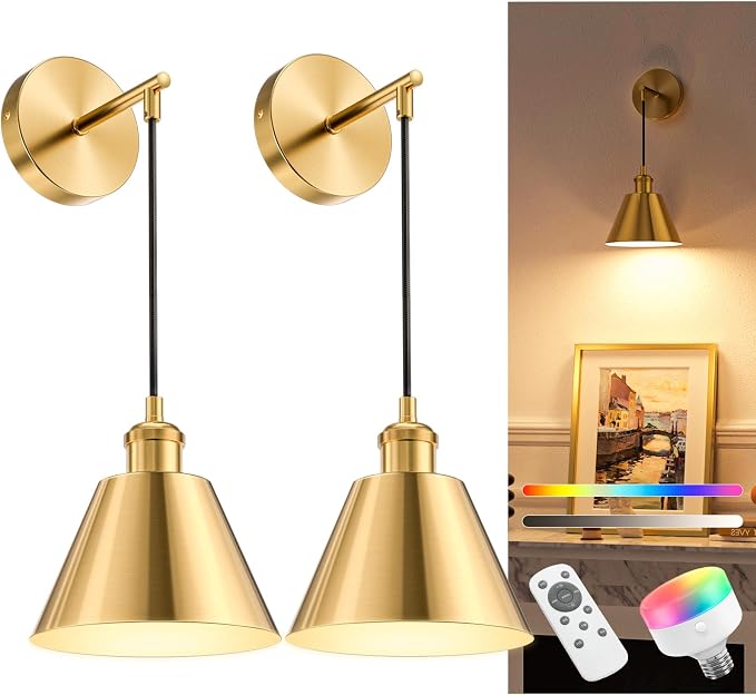 NIORSUN Brushed Gold Battery Operated Wall Sconce Set of 2, 5200mAh Dimmable by NIORSUN