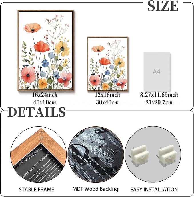 KISSFOX Colorful Wildflower Canvas Wall Art Set Of 3 Flowers Pictures Prints - Image 3
