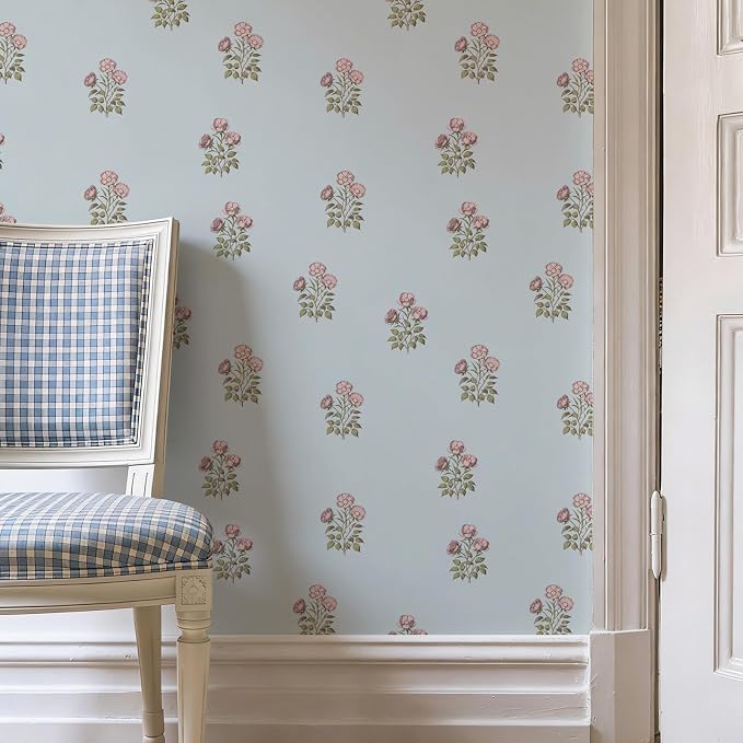 17.3" x 393.7" Vintage Blue Floral Wallpaper Peel and Stick Boho Wallpaper - Image 7