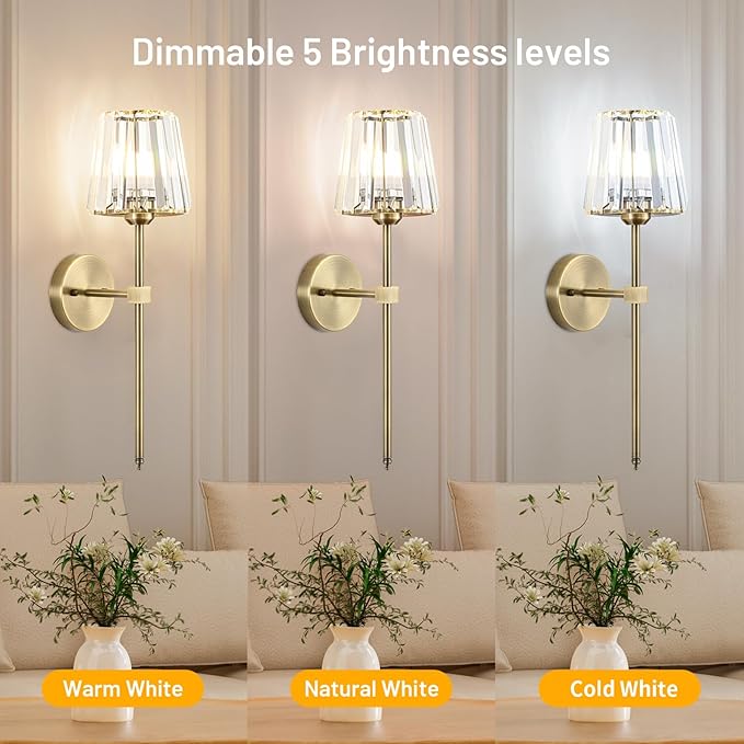 Crystal Battery Operated Wall Sconces Set of 2, Brass Rechargeable Wireless - Image 7