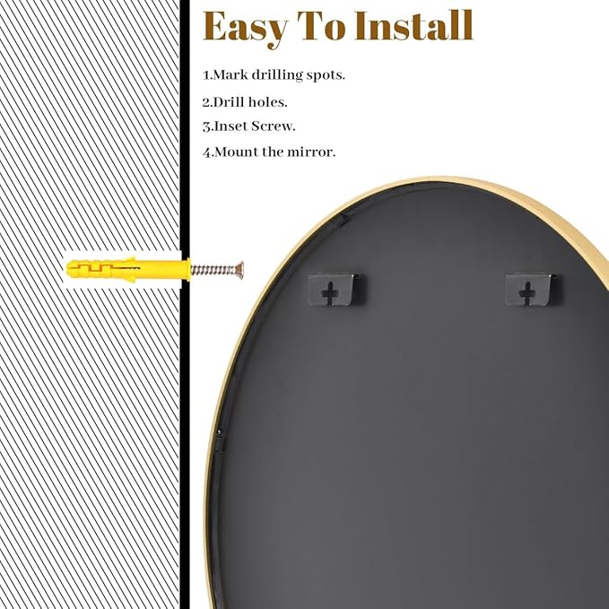VooBang Gold Round Bathroom Mirror, 30 inch Circle Wall Mounted Hanging Mirror - Image 6
