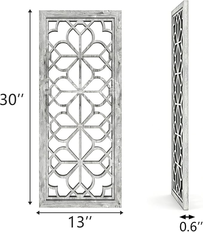 Set of 2 13x30 Inch Large Grey Shatterproof Carved Floral Wood Frame Wall - Image 2