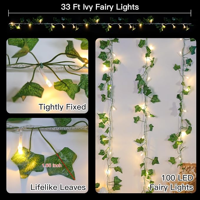 suddus Vine with Fairy Lights Plug in, 33ft 100 LED Ivy String Lights - Image 4
