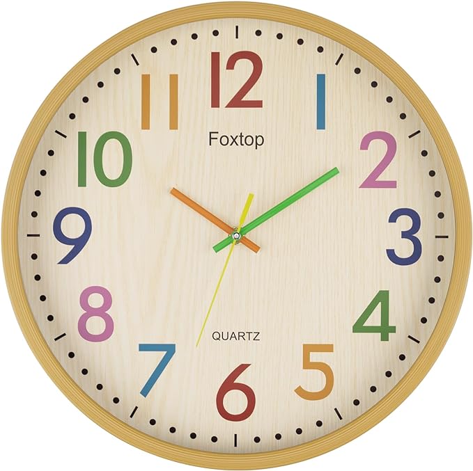Foxtop 14 Inch Kids Wall Clock Silent Non-Ticking Battery Operated Colorful by Foxtop