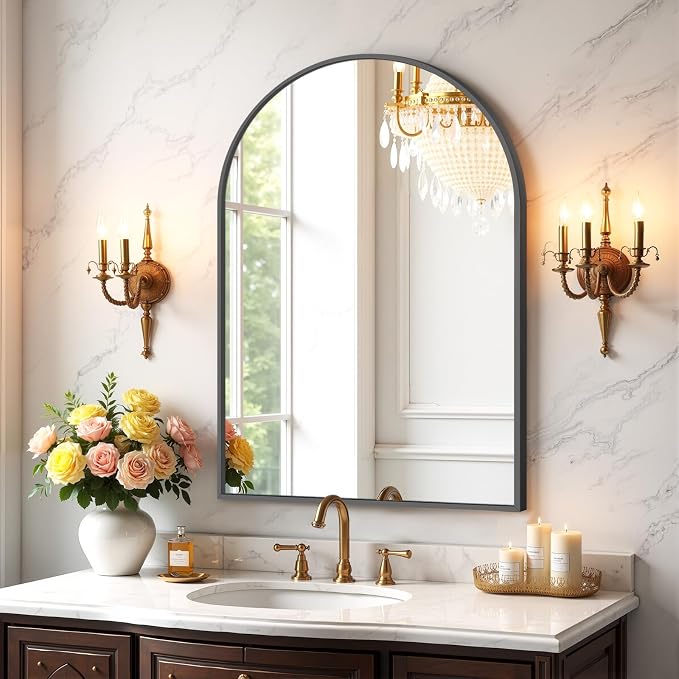 Bathroom Mirror for Wall, 30x20 Inch Arched Mirror, Matte Black Metal Framed by Atilioo
