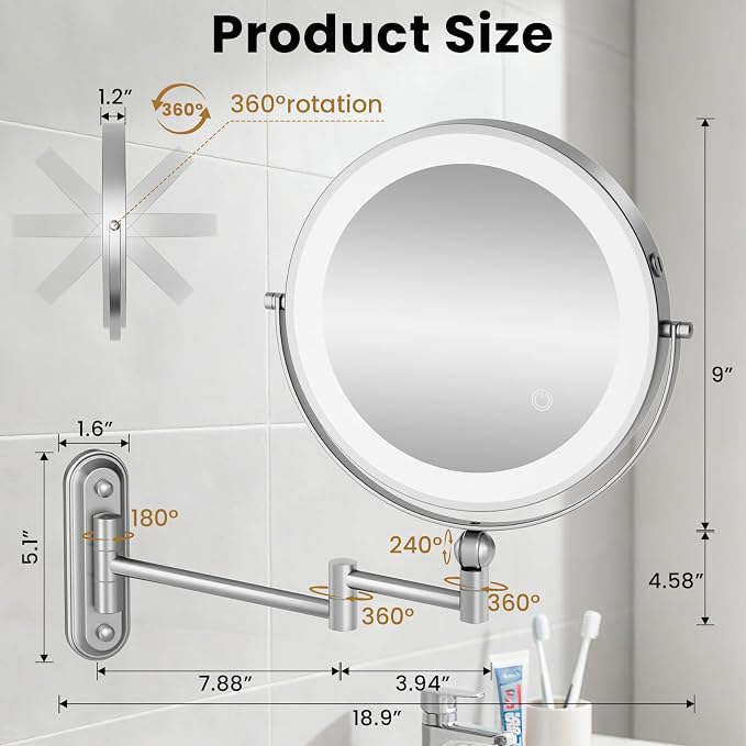 9" Wall Mounted LED Lighted Makeup Vanity Mirror - 4000mAh Rechargeable Double - Image 2