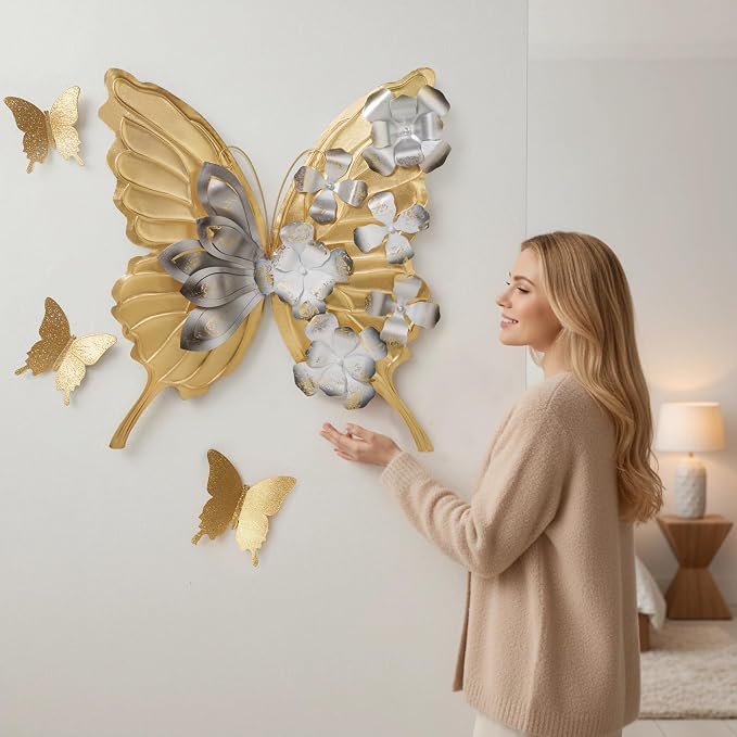 XWYLFDC Large Sized 3D Metal Wall Art Featuring Golden Butterfly - Image 6