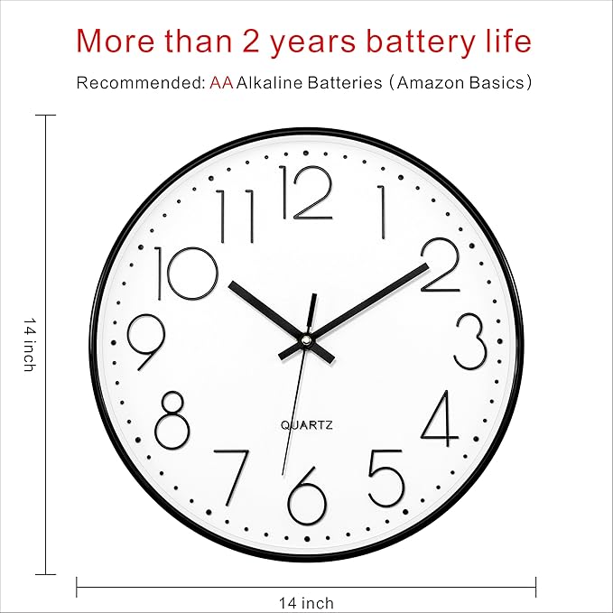Foxtop 14 Inch Black Wall Clock Large Silent Non-Ticking Battery Operated Round - Image 2