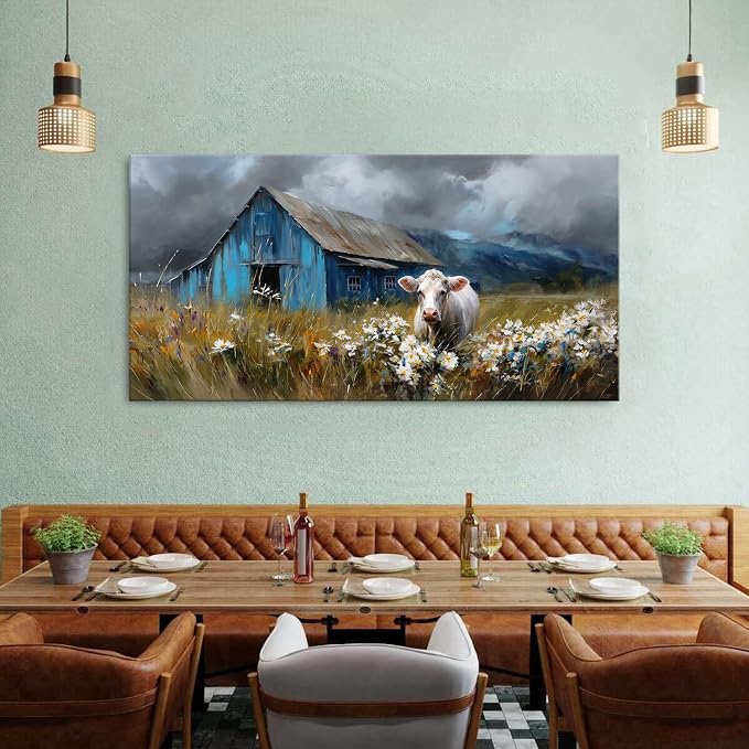 Rustic Farmhouse Wall Art Cow and Blue Barn Canvas Pictures Country Landscape - Image 6