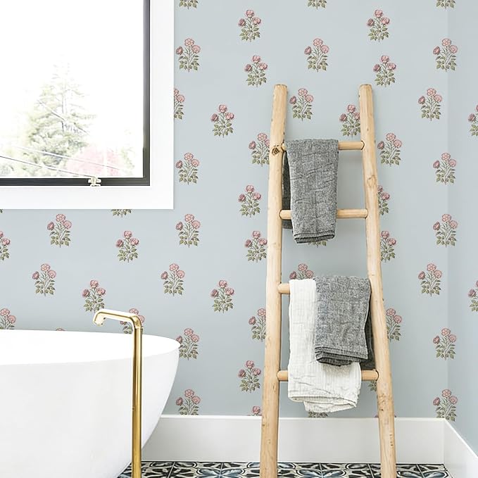 17.3" x 393.7" Vintage Blue Floral Wallpaper Peel and Stick Boho Wallpaper - Image 9