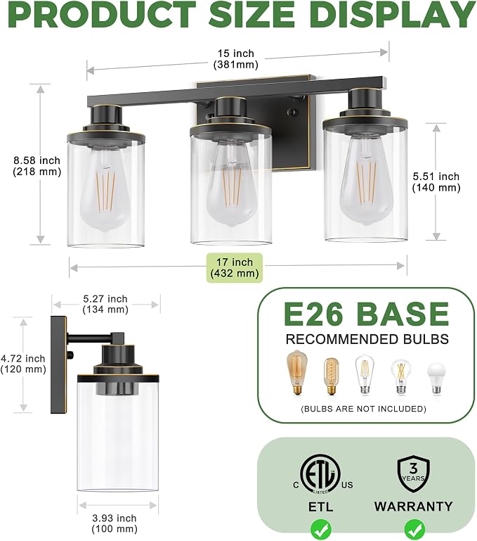 DORESshop 17 Inch Bathroom Light Fixtures, 3-Light Black - Image 4
