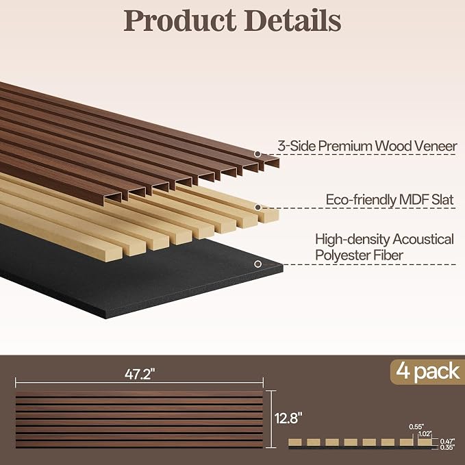 4 Pack Wood Panels for Wall, 47.24" x 12.79" Acoustic Wood Slat Wall Panel for - Image 2