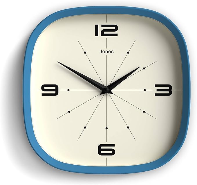 JONES CLOCKS® Pulsar wall Clock | Square Rounded Retro Clock | 10 inch | Blue | by JONESCLOCKS