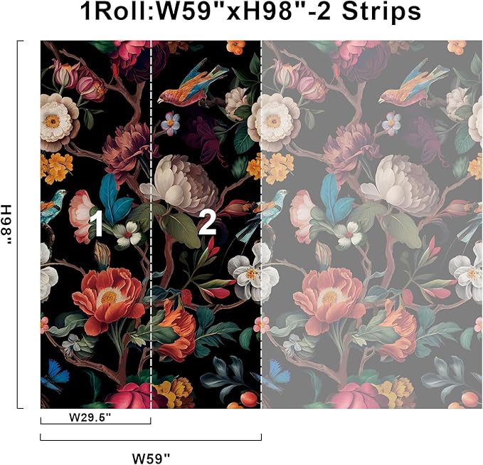 Zeeko Floral Wallpaper Black Peel and Stick Wall Mural Canvas Fabric Vintage - Image 7