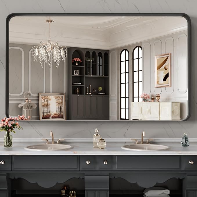 LOAAO 48X28 Inch Black Metal Framed Bathroom Mirror - Image 8