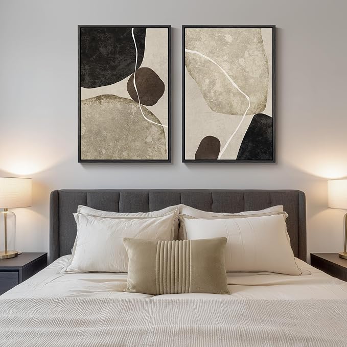 Large Framed Neutral Abstract Wall Art Set of 2, Modern Black Beige Brown - Image 4