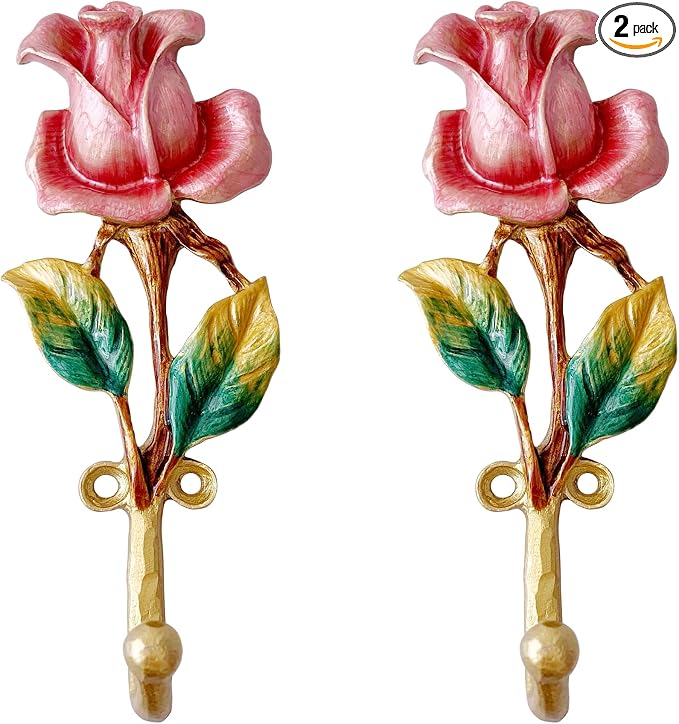 Vintage Rose-Shaped Decorative Wall Hooks, 2 Pack Hand-Painted Floral Metal by Zorues