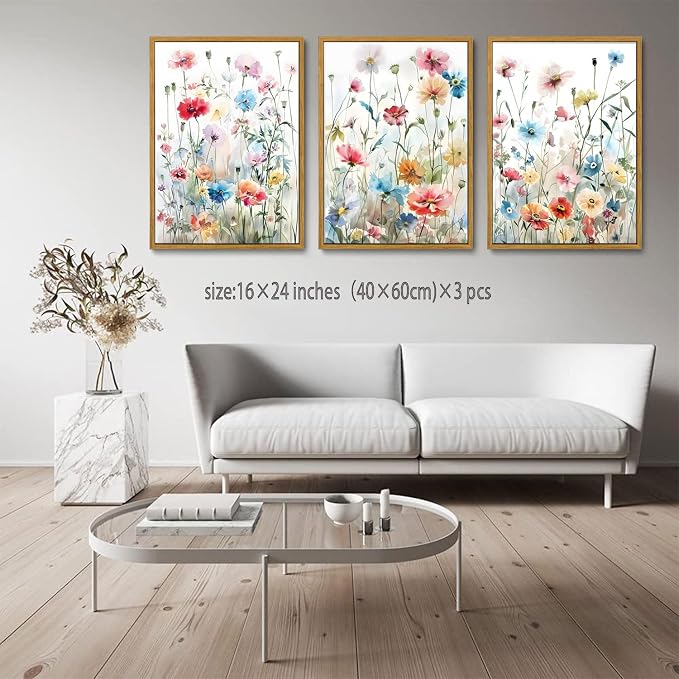 KISSFOX Framed Colorful Wildflower Canvas Wall Art Set Of 3 Flowers Pictures - Image 3