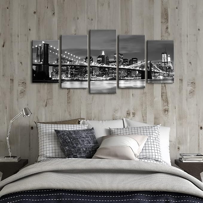 Wieco Art New York Brooklyn Bridge Canvas Wall Art Night View 5 Panels Modern - Image 2