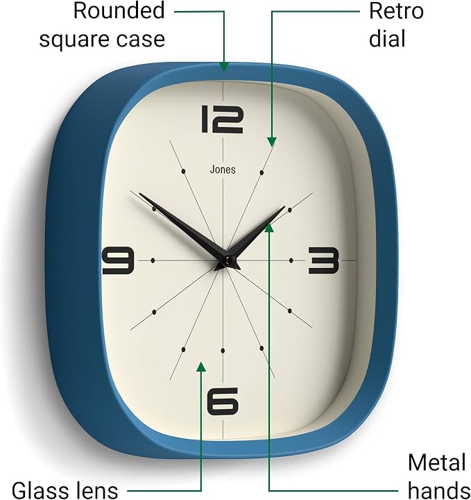 JONES CLOCKS® Pulsar wall Clock | Square Rounded Retro Clock | 10 inch | Blue | - Image 6