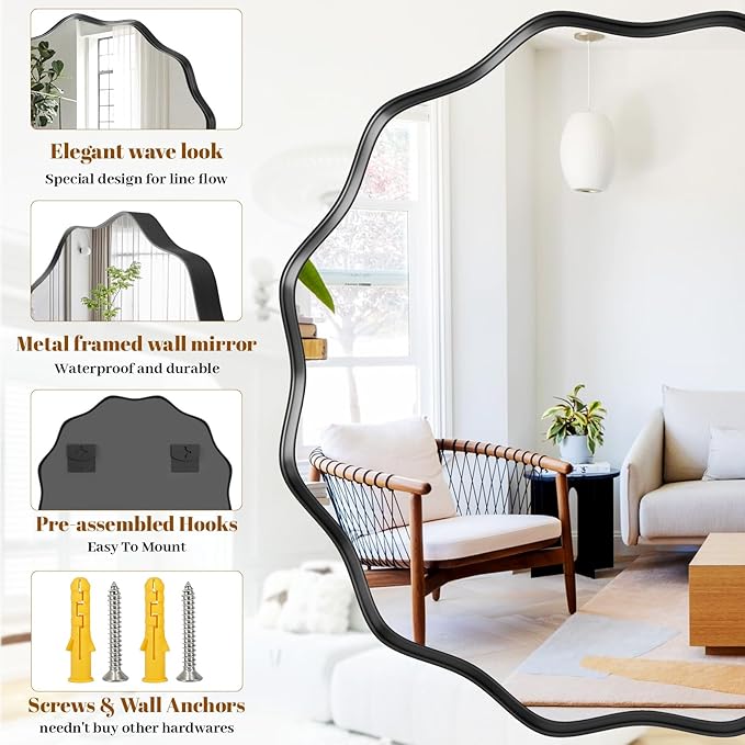 Round Wavy Mirror, 36 Inch Metal Frame Circle Mirror, Round Wall Mounted - Image 4