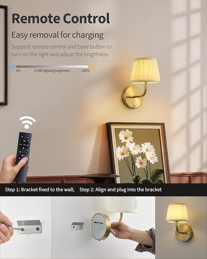 PUSU Motion Sensor Gold H9.6 inch Small Wall Sconces Set of 2, LED Cordless - Image 4