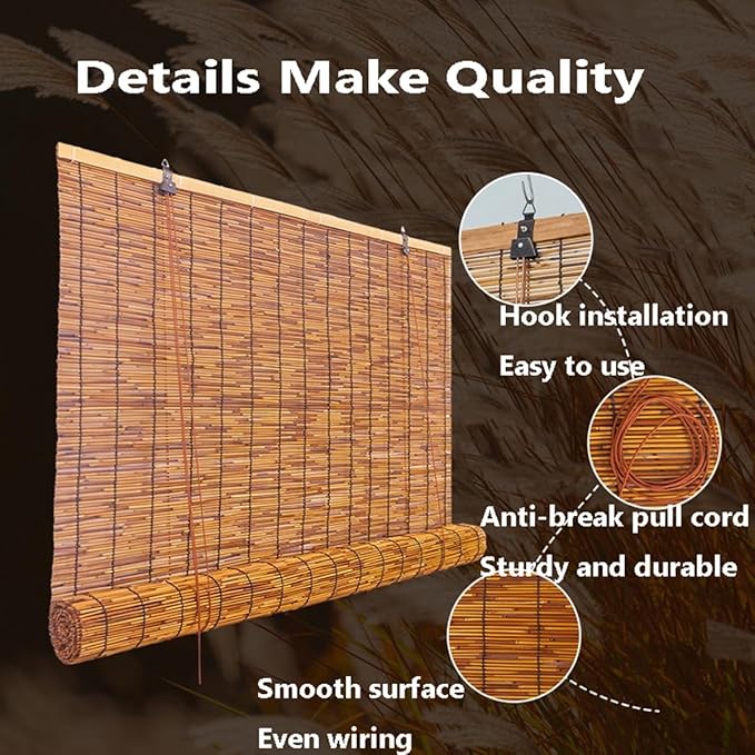 Outdoor Bamboo Roller Blinds 72 84 108 64 48 36" W, Natural Reed Patio Shades - Image 2