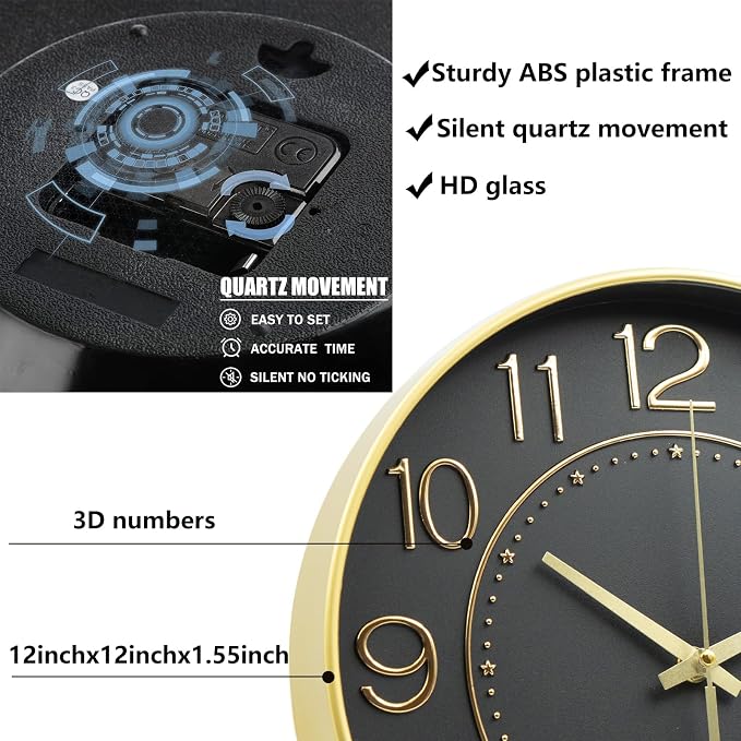 HZDHCLH 12inch Wall Clocks Battery Operated, Quartz Movement, Silent Non - Image 3