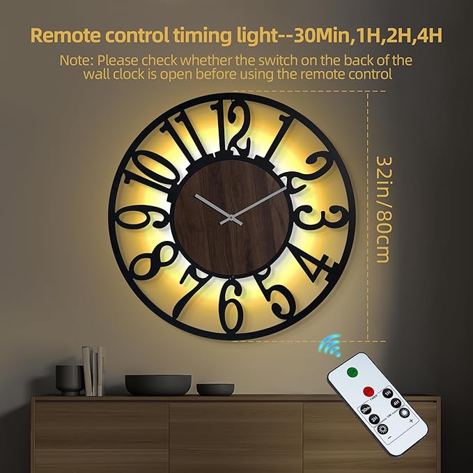 LEIKE Large Wall Clock 32'' Lighted Rustic Wood Clock - Image 2