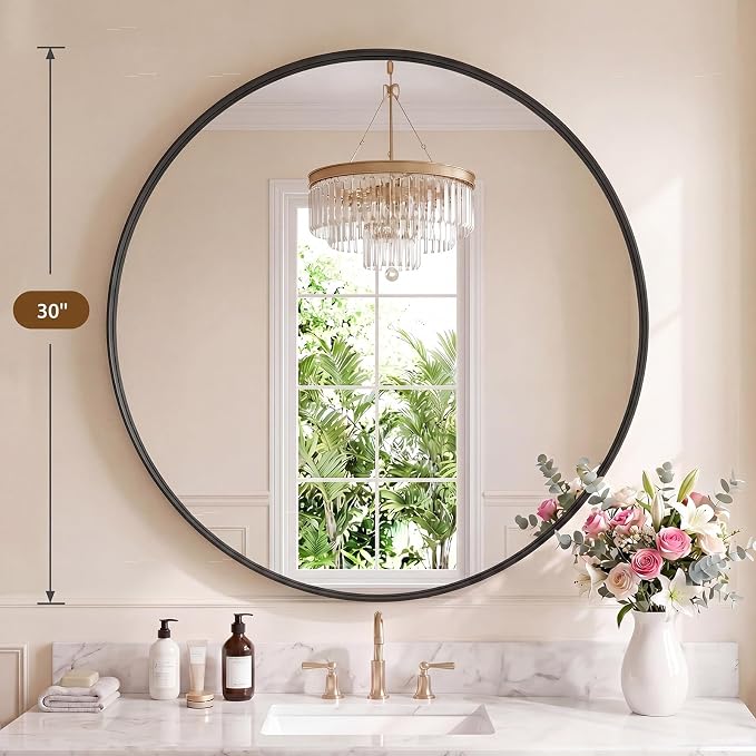 NEWBULIG 30-Inch Round Wall Mirror, Bathroom Wall Circle Mirror - Image 2