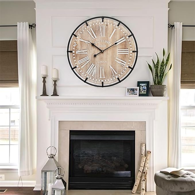 24 Inch Grand Farmhouse Wall Clock, Vintage-Inspired Wood & Metal Design by MICWIC