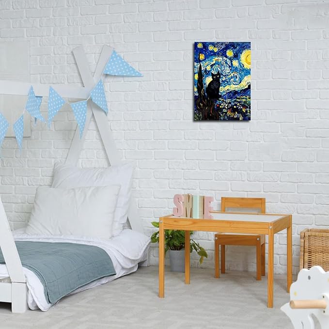 ALMLZL Framed Van Gogh The Starry Night Cat Canvas Wall Art Cute Funny Black - Image 8