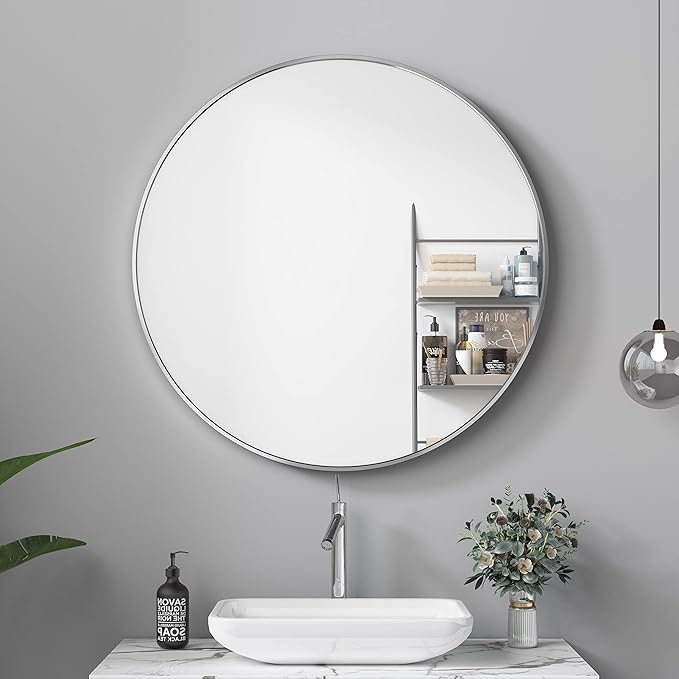 Itrue 36 Inch Round Wall Mirror, Brushed Silver Metal Frame Circle Bathroom - Image 3