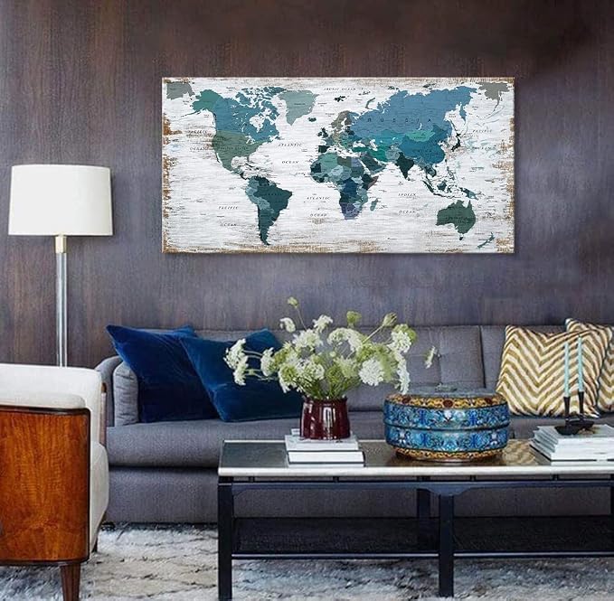 Teal Decor World Map Canvas Wall Art Pictures - Image 3