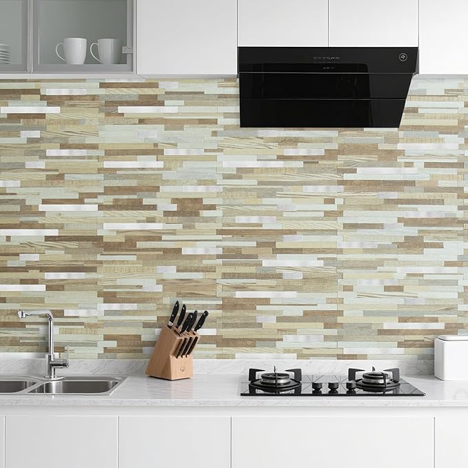 AULIGET 20 Sheets Beige & Brown Wood Peel and Stick Backsplash, PVC Mixed Metal - Image 6