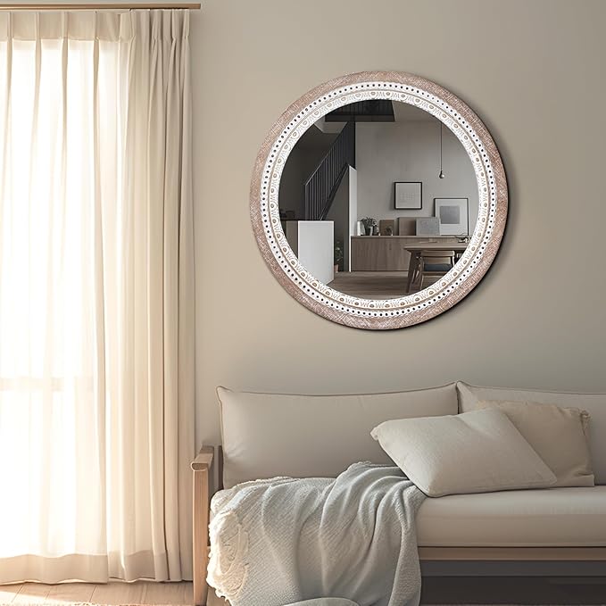 Reflinto 24 Inch Boho Wooden Round Mirror - Image 3