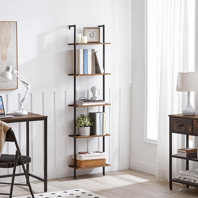 HOOBRO DIY Ladder Shelf, 5-Tier Wooden Wall Mounted Bookshelf, Narrow Bookcase - Image 8