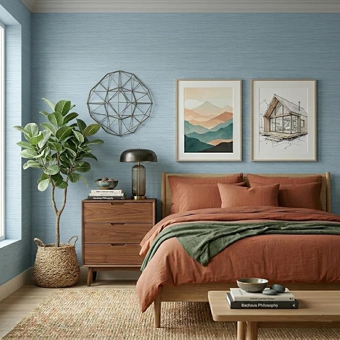 FUKU MON Light Blue Grasscloth Wallpaper Peel and Stick 24" x 394" Thickened - Image 3