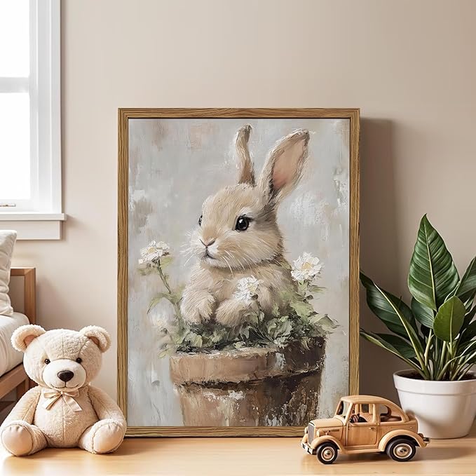 Framed Vintage Easter Bunny Wall Art, Cute Cottagecore Rabbit Floral Pictures - Image 3