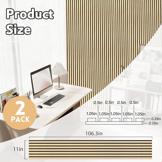 2 Pack Wood Panels for Wall, 106.3" × 11" Wood Slat Acoustic Panels for Wall - Image 2