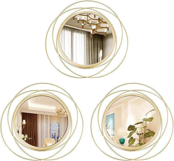 3 Set 13 inch Gold Circle Mirrors Wall Decor Iron Frame Wire Mirror Metal by Cityelf