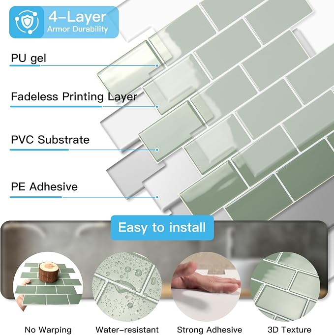 Art3d Peel and Stick Wall Tiles in Teal – 10-Pack of 12 x12 Thickened Design - Image 6