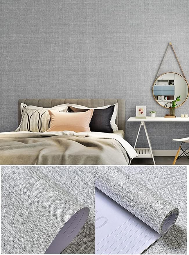 Fabric Peel and Stick Wallpaper Gray Faux Grasscloth Wallpaper Self-Adhesive - Image 6