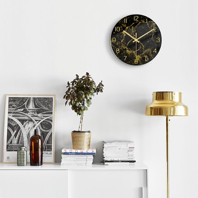 VIKMARI Black Modern Marble Texture Clock Gold Hands Rustic Kitchen Decor 12 - Image 7