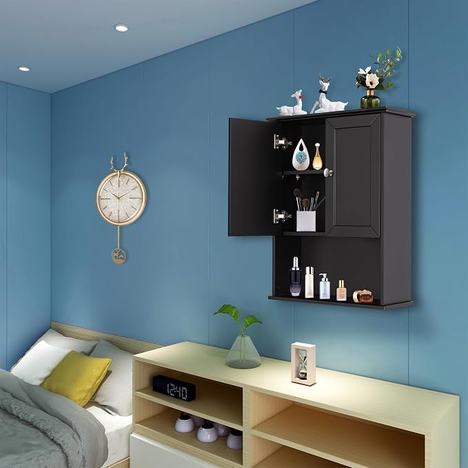 VANIRROR Black Wall Cabinet 24x30 Inch Wooden Over The Toilet Storage Cabinets - Image 8