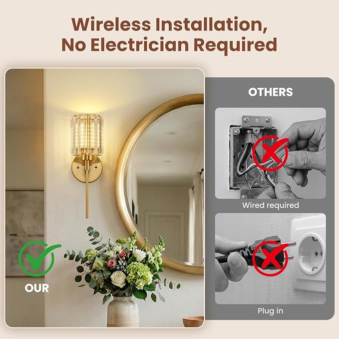 Crystal Battery Operated Wall Sconces, Brushed Gold Rechargeable Wireless Wall - Image 5