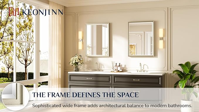 Keonjinn Brushed Nickel Bathroom Mirrors 24" x 32", HD Tempered Glass - Image 7
