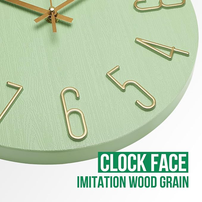 Wall Clock 12 Inch Silent Non-Ticking Imitation Wood Indoor Clock Round Green - Image 4