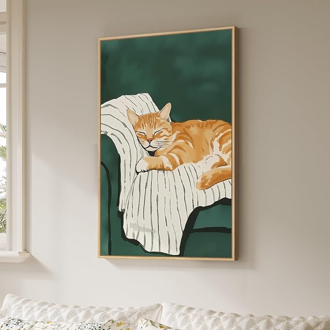 Framed Animal Wall Art for Bedroom Wall, Large Cozy Orange Tabby Cat Canvas - Image 2